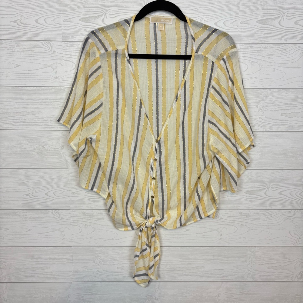 MICHAEL Michael Kors Stripe Flutter Sleeve Tie Front Blouse Size Medium